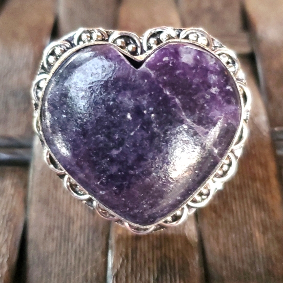 New Lepidolite Heart Shaped 925 Silver Statement Ring. - Picture 1 of 12